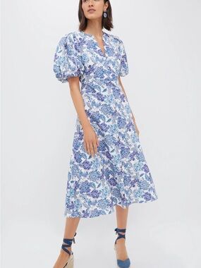 Blue Floral V-Neck Puff-Sleeve Midi Dress